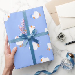 Hand Illustrated Ducks Kids Blue Baby Shower ラッピングペーパー