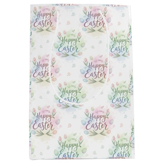 Hand-Lettered Happy Easter Watercolor ミディアムペーパーバッグ (正面)