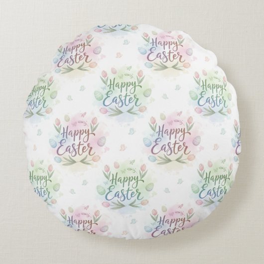 Hand-Lettered Happy Easter Watercolor ラウンドクッション (正面)