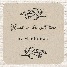 Hand Made With Love Brown Paper Botanical Leaf  スクエアシール