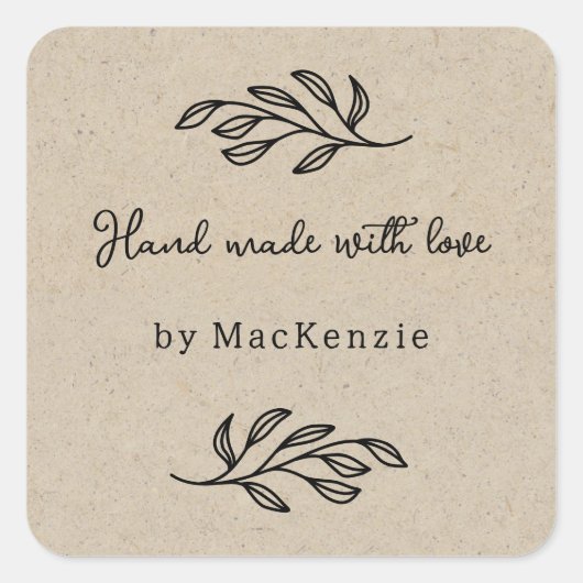 Hand Made With Love Brown Paper Botanical Leaf  スクエアシール (正面)
