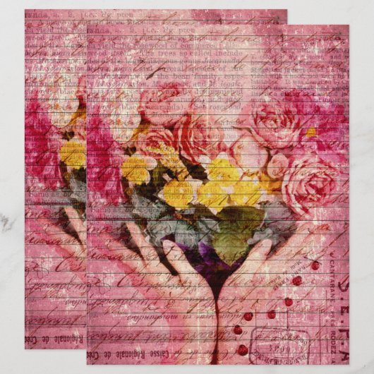 Hand old handwritting paper and pink yellow roses (正面/裏面)
