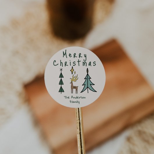 Hand Painted Abstract Christmas Tree Reindeer ラウンドシール