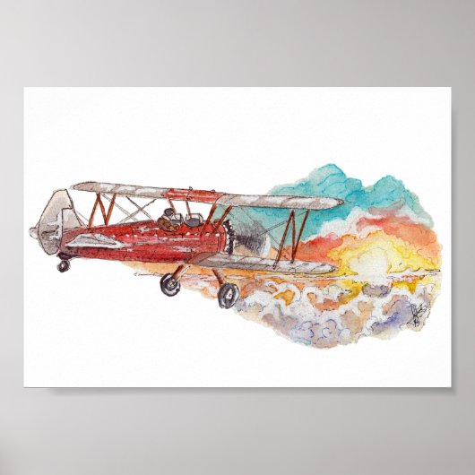 Hand Painted Biplane Bush Plane Sunset Watercolor ポスター (正面)