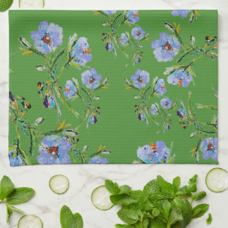 Hand-Painted Blue Flowers on Lovely Green Tea Towe キッチンタオル