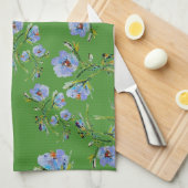 Hand-Painted Blue Flowers on Lovely Green Tea Towe キッチンタオル (四つ折り)