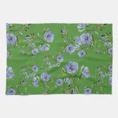 Hand-Painted Blue Flowers on Lovely Green Tea Towe キッチンタオル (横)