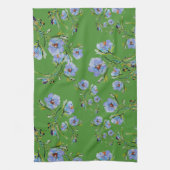 Hand-Painted Blue Flowers on Lovely Green Tea Towe キッチンタオル (縦)