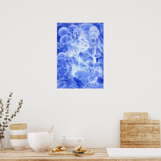 Hand Painted Blue White Floral Abstract Art ポスター (キッチン)