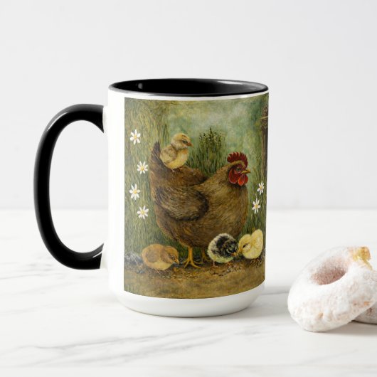 Hand-Painted Chicken & Chicks and Rooster Mug マグカップ (ドーナツ付き)