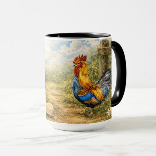 Hand-Painted Chicken & Chicks and Rooster Mug マグカップ (正面右)