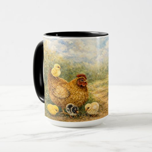 Hand-Painted Chicken & Chicks and Rooster Mug マグカップ (正面左)