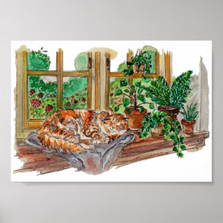 Hand Painted Cosy Window Cat Watercolor Art ポスター