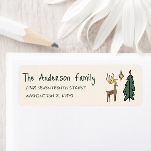 Hand Painted Cream Christmas Tree Reindeer Address ラベル (インサイチュ)