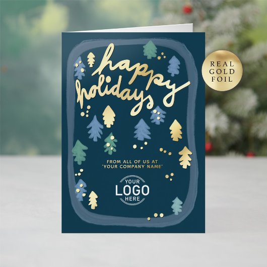 Hand Painted Cute Navy Blue Pine Trees Business 箔シーズンカード