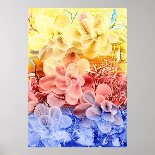 Hand Painted Fantasy Floral Art - Yellow Red Blue  ポスター (正面)
