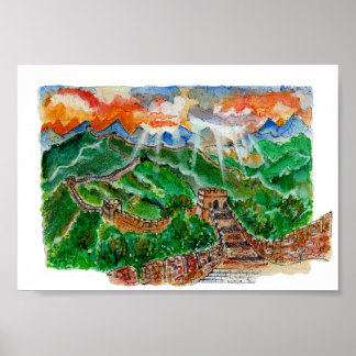 Hand Painted Great Wall of China Watercolor Art ポスター