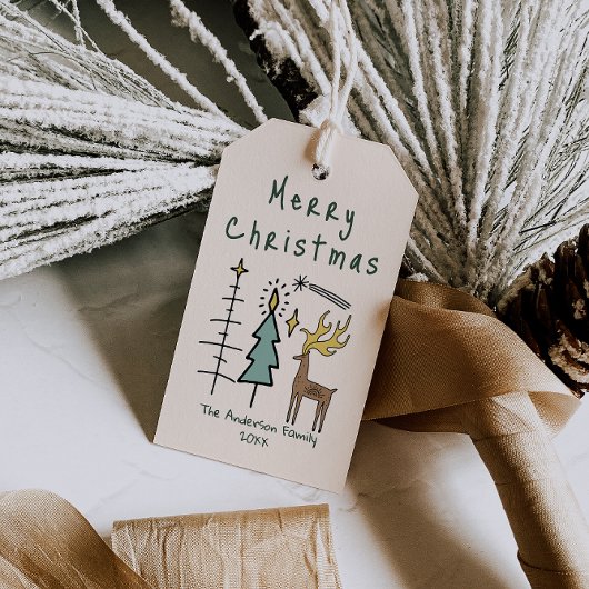 Hand Painted  Green Christmas Trees Reindeer ギフトタグ
