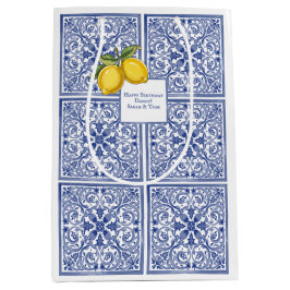 Hand-painted Italian Tiles Amalfi Blue & Lemons  ミディアムペーパーバッグ