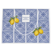 Hand-painted Italian tiles Amalfi blue & lemons ラージペーパーバッグ (正面)
