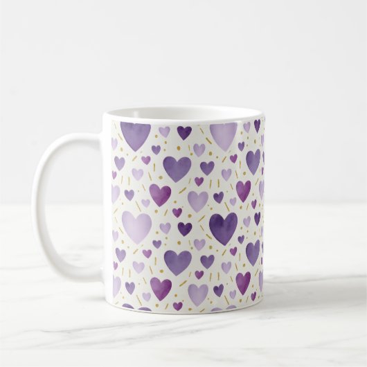 Hand-Painted Lavender & Gold Watercolor Hearts コーヒーマグカップ (左)