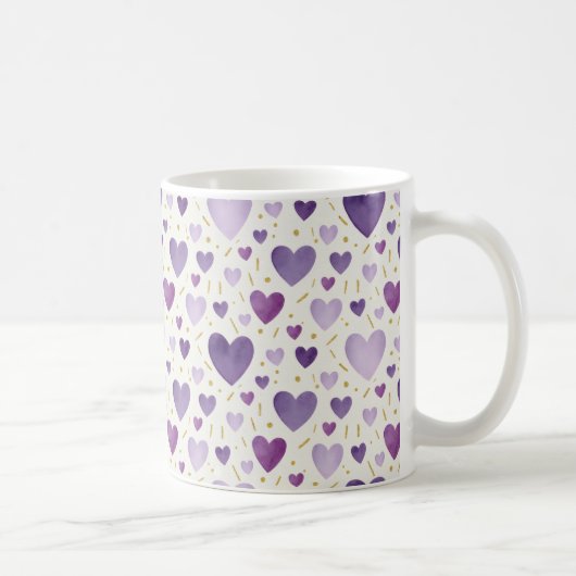 Hand-Painted Lavender & Gold Watercolor Hearts コーヒーマグカップ (右)