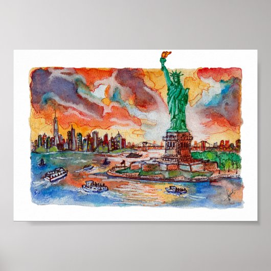 Hand Painted New York Liberty Statue Watercolor ポスター (正面)