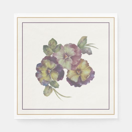 Hand-Painted Pansy Luncheon Napkins — Plum & Gold  スタンダードランチョンナプキン (正面)