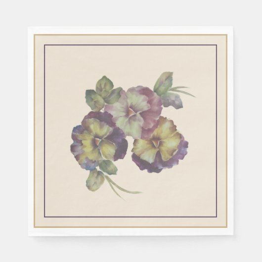 Hand-Painted Pansy Luncheon Napkins — Plum & Gold  スタンダードランチョンナプキン (正面)
