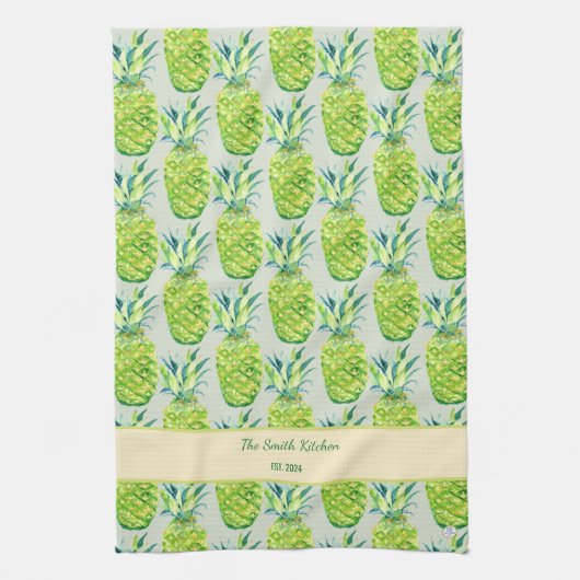 Hand-Painted PIneapple Personalized Watercolor キッチンタオル (縦)