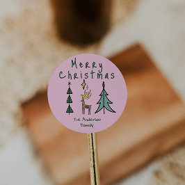 Hand Painted Pink Abstract Christmas Tree Reindeer ラウンドシール