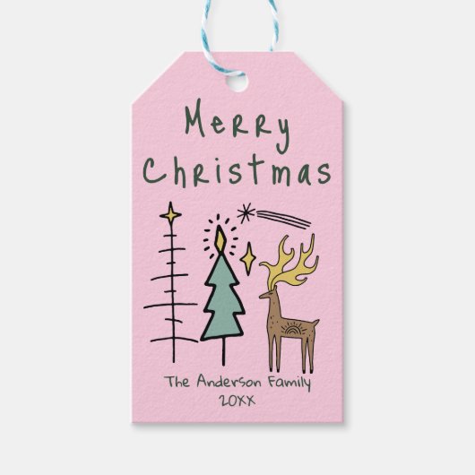 Hand Painted Pink Christmas Funky Trees Reindeer ギフトタグ (正面)