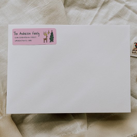 Hand Painted Pink Christmas Tree Reindeer Address ラベル