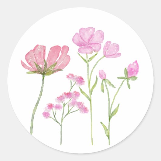 Hand-Painted Pink Wildflowers Illustration ラウンドシール (正面)