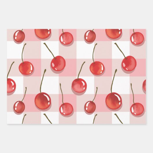 Hand-Painted Red Cherries Seamless Pattern ラッピングペーパーシート (正面)