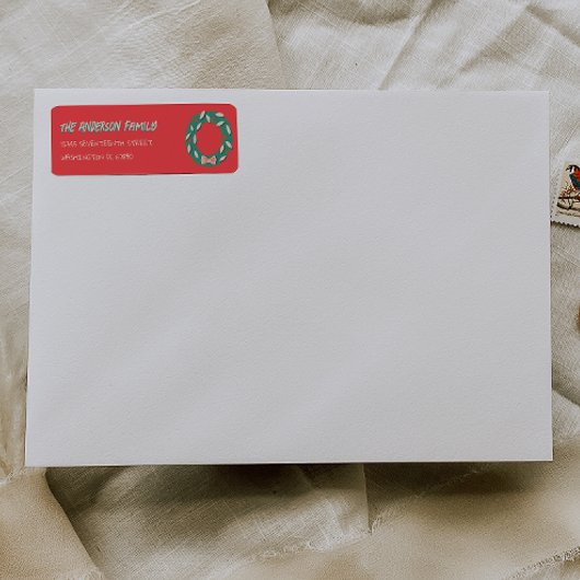 Hand Painted Red Green Christmas Wreath Address ラベル