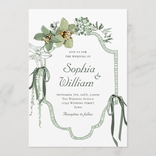 Hand Painted Sage Green Orchids Wedding Invitation 招待状 (正面)