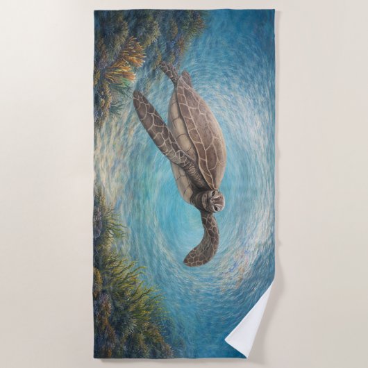 Hand-Painted Sea Turtle in Ocean Vortex ビーチタオル (正面)