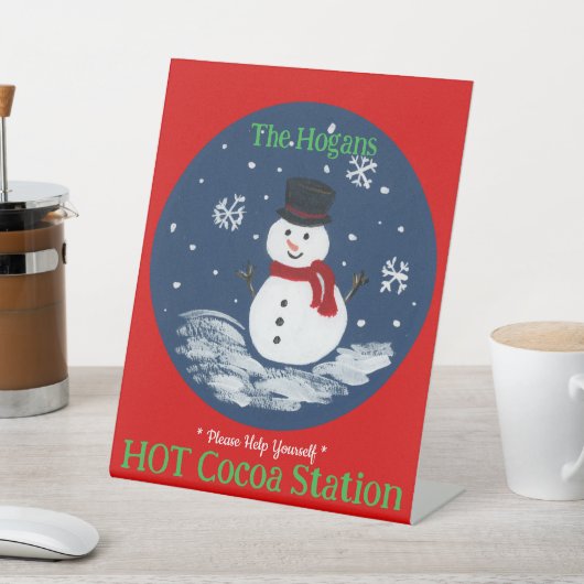 Hand Painted Snowman Red PERSONALIZE Hot Cocoa 台座サイン (インサイチュ)