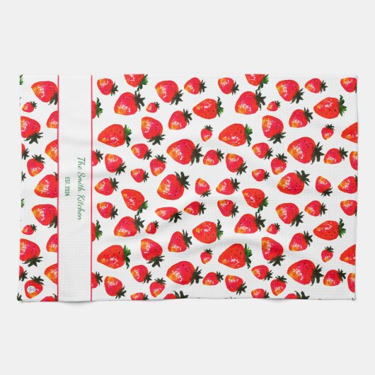 Hand-Painted Strawberry Personalized Boho Spring キッチンタオル (横)