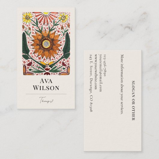 Hand Painted Symmetrical Orange and Green Florals 名刺 (正面/裏面)