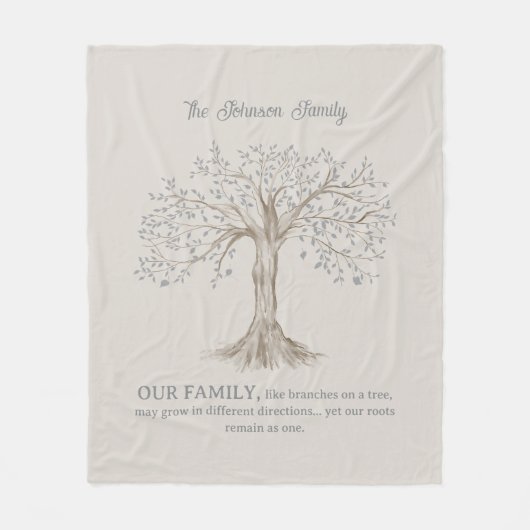 Hand Painted Tree Custom Family Quote Gray Beige フリースブランケット (正面)