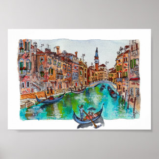 Hand Painted Venice Canals and gondolas Watercolor ポスター