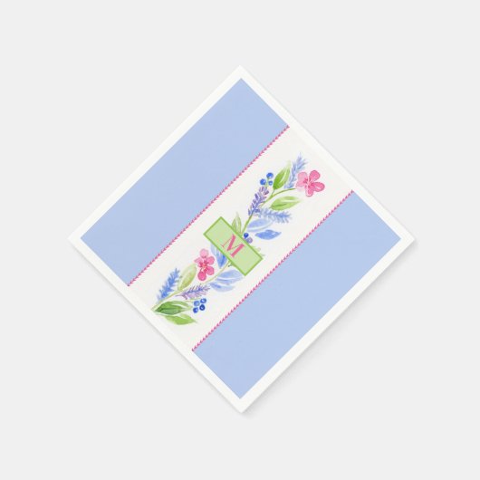Hand Painted Watercolor Floral NAME Initial Blue スタンダードカクテルナプキン (角)