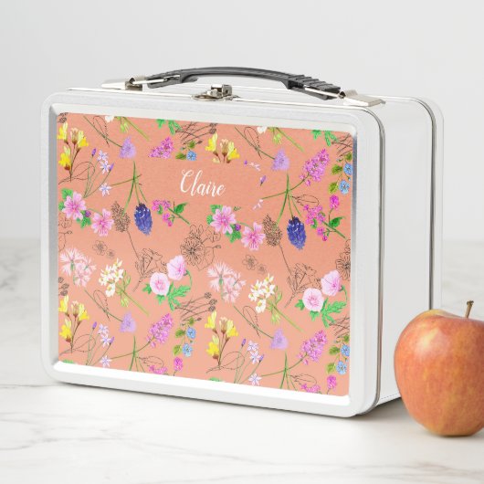Hand-painted watercolour flowers on a peach メタルランチボックス (インサイチュ)