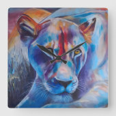 Hand Painted Wild Cat Portrait スクエア壁時計 (正面)