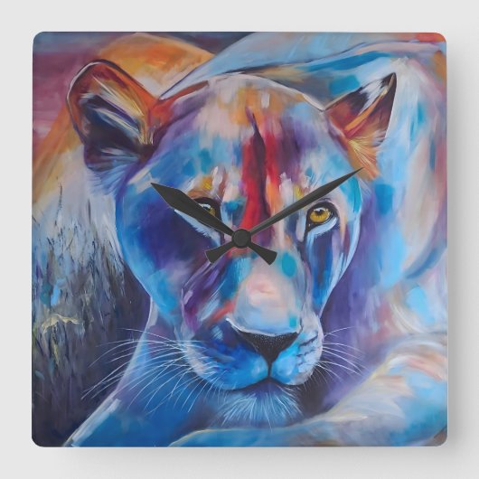 Hand Painted Wild Cat Portrait スクエア壁時計 (正面)