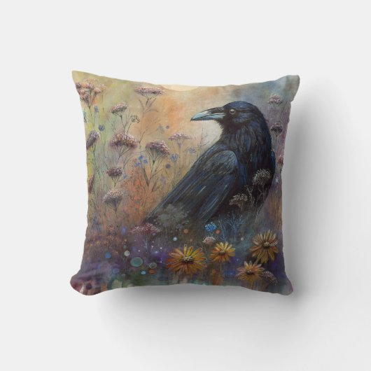 Hand Painted - Wildflower Meadow Raven クッション (正面)
