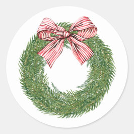 Hand Painted Winter Pine Wreath Striped Red Bow ラウンドシール