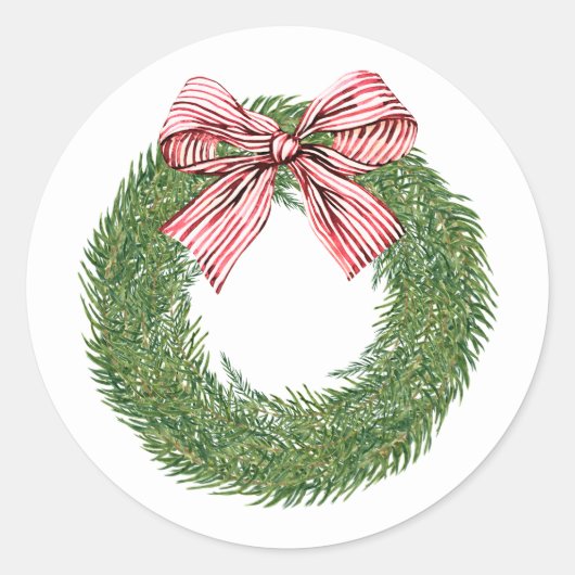 Hand Painted Winter Pine Wreath Striped Red Bow ラウンドシール (正面)